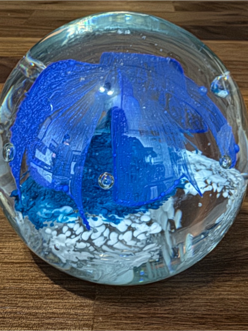 Solid Glass Sphere Paperweight Blue Marine Coral Reef Orb Office Desk Decor
